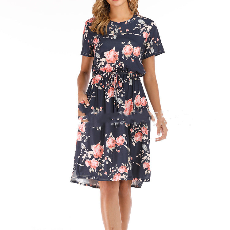 Floral Short-sleeved Knee-length Dress