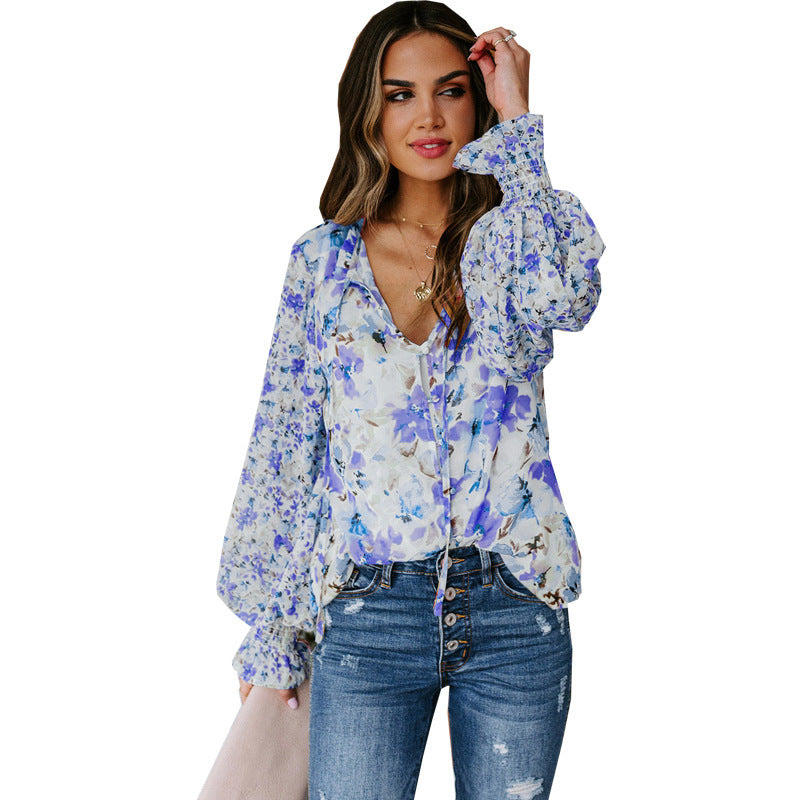 Floral Lantern Sleeve Loose Fitting Shirt (Plus sizes)
