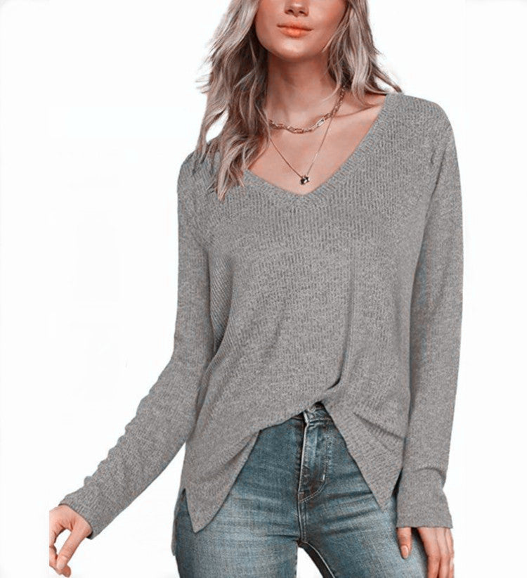 Solid Color Long Sleeve V-neck Split Shirt
