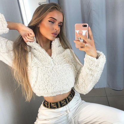 Fluffy Crop Top Hooded Sweater