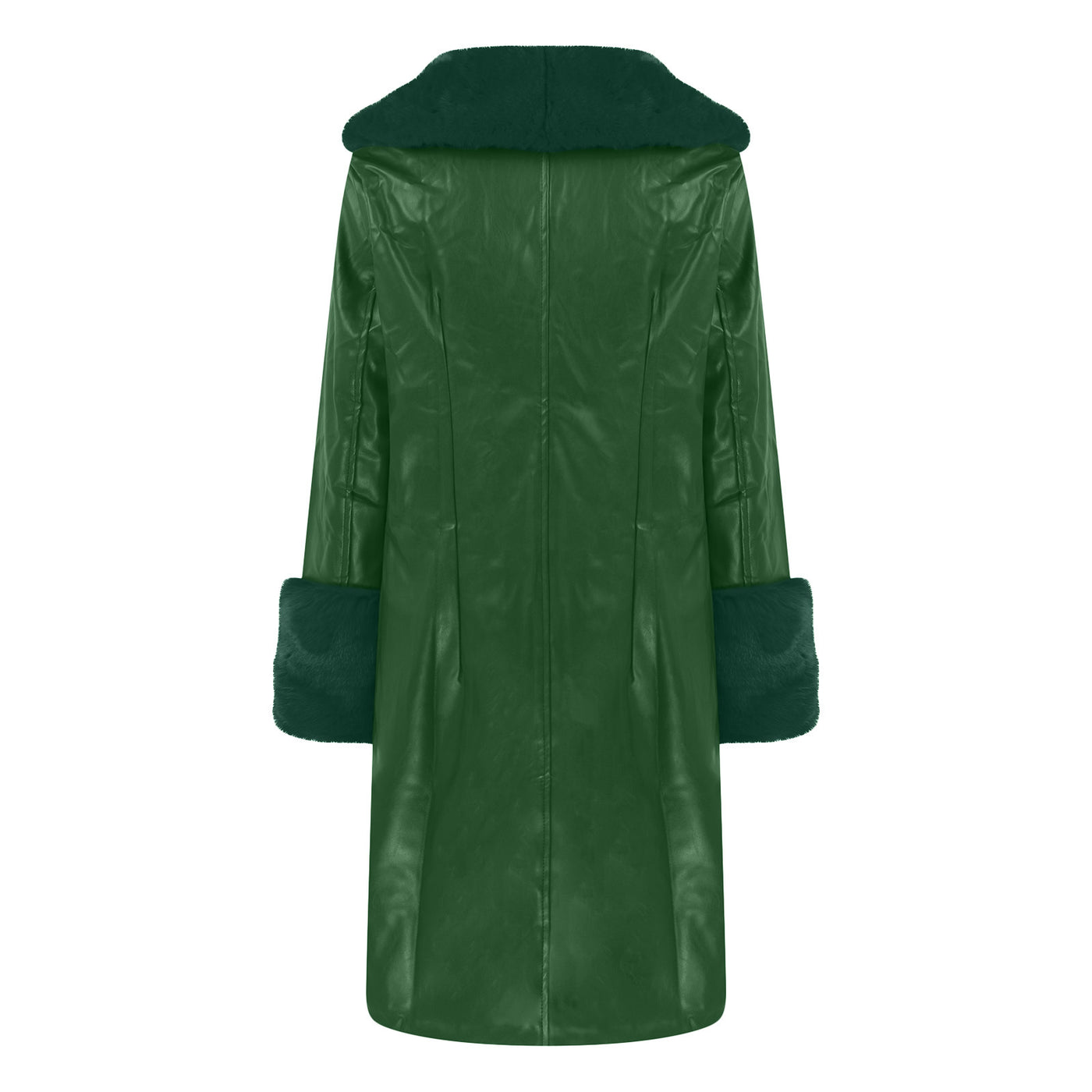 Long Faux Leather & Faux Fur Collar-n-Cuff Coat