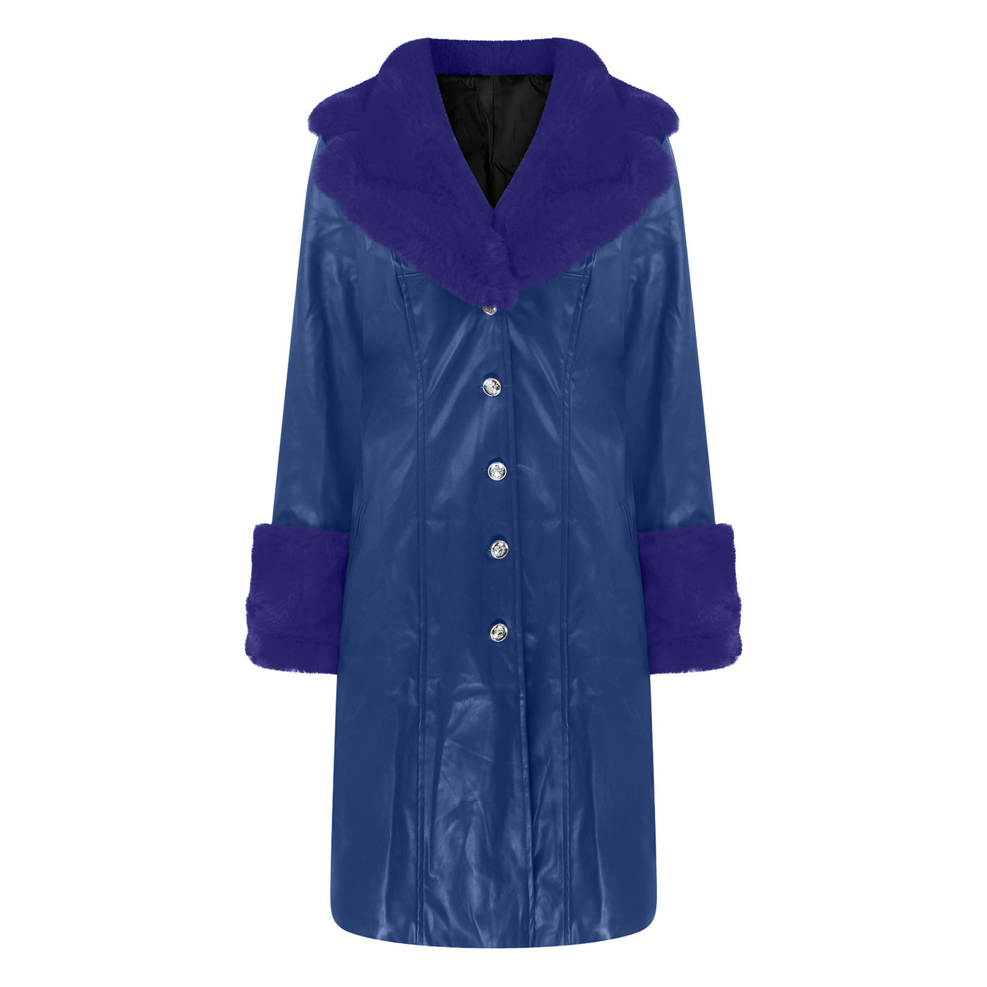 Long Faux Leather & Faux Fur Collar-n-Cuff Coat