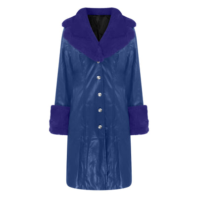 Long Faux Leather & Faux Fur Collar-n-Cuff Coat