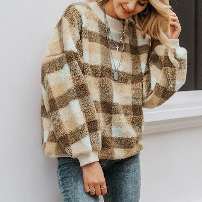 Round Neck Plaid Wool Sweater