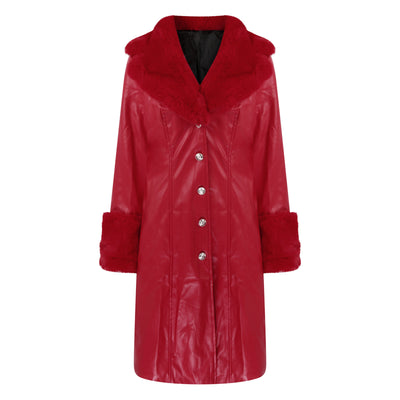 Long Faux Leather & Faux Fur Collar-n-Cuff Coat