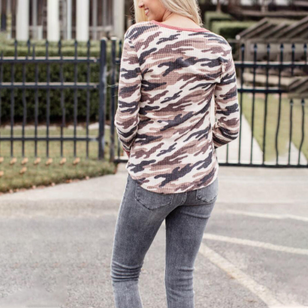 Brown Camo Print V Neck Long Sleeve Shirt
