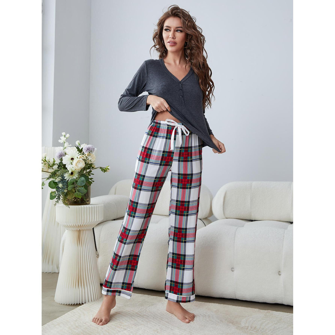 Solid Color Long Sleeve Top and Plaid Bottoms Pajama Set