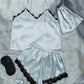 Satin Pajama Set-Lace Trim Cami, Shorts, Eye Mask, Scrunchie, and Bag