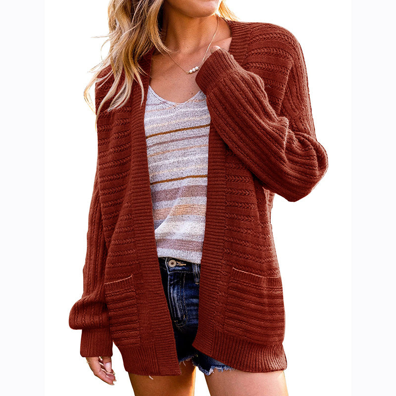 Lantern Sleeve Open Front Sweater w/Pockets