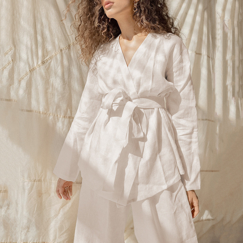 Lace Up Long Sleeve Cotton Linen Pajama Robe Set