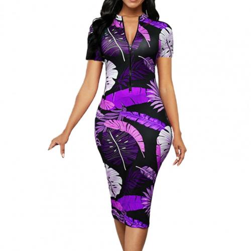Zip-Up Banana Leaf Print Fitted Dress (up to 3XL)