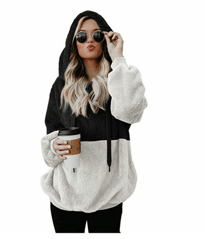 Two Tone Plush Drawstring Hoodie