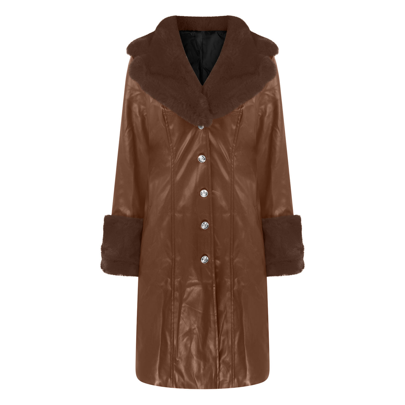 Long Faux Leather & Faux Fur Collar-n-Cuff Coat