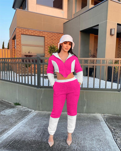 Color Block Teddy Fleece Two Piece Set