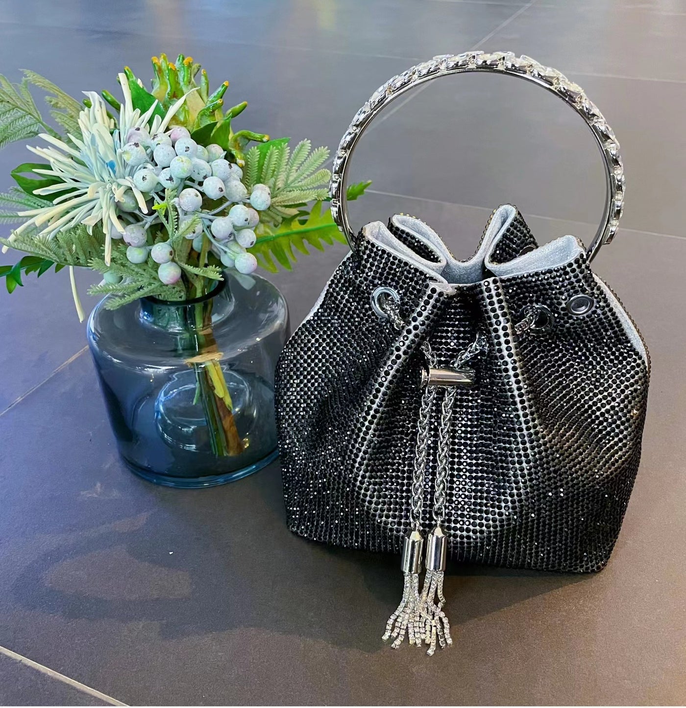 Round Handle Diamond Tassel Bag