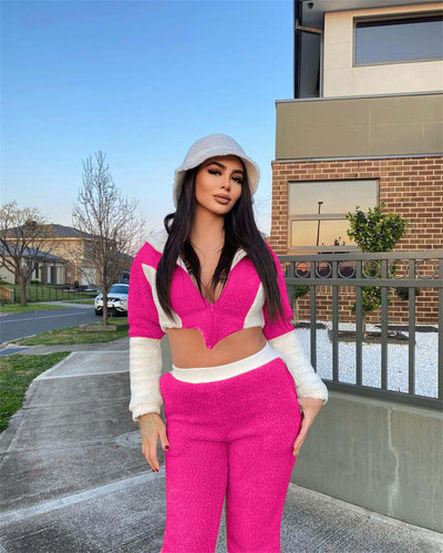 Color Block Teddy Fleece Two Piece Set
