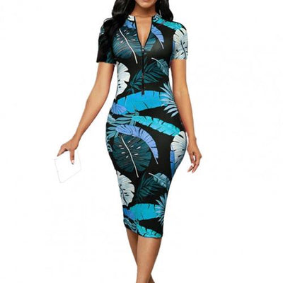 Zip-Up Banana Leaf Print Fitted Dress (up to 3XL)