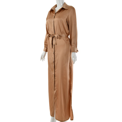 Long Sleeve Faux Satin Dress