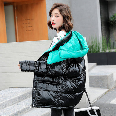 Contrast Color Shiny Hooded Down Coat