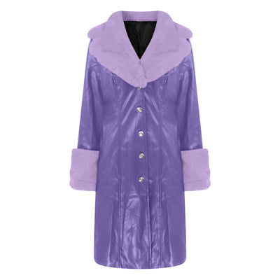 Long Faux Leather & Faux Fur Collar-n-Cuff Coat