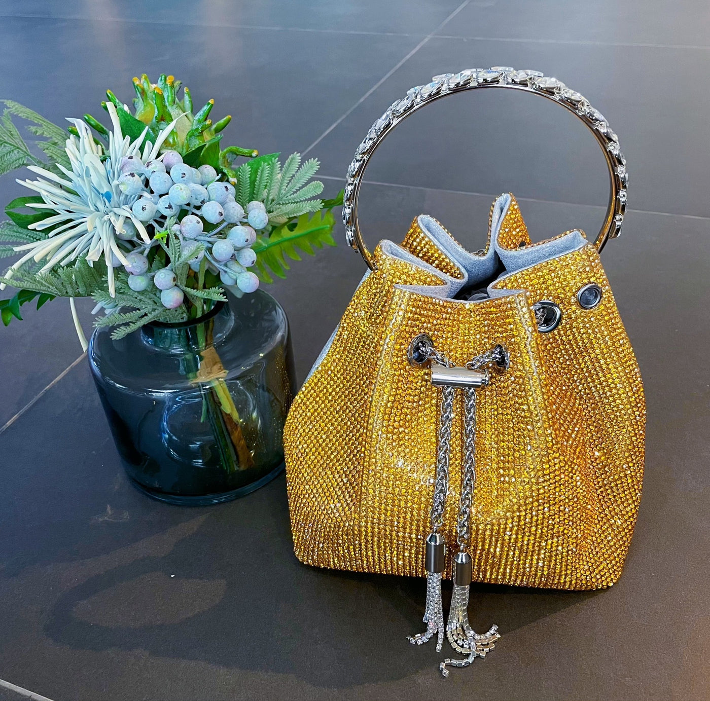 Round Handle Diamond Tassel Bag