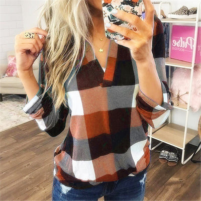 Plaid Printed Long Sleeve V-Neck Shirt (up to 5XL)