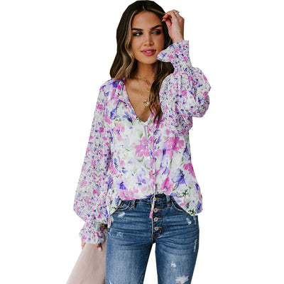 Floral Lantern Sleeve Loose Fitting Shirt (Plus sizes)