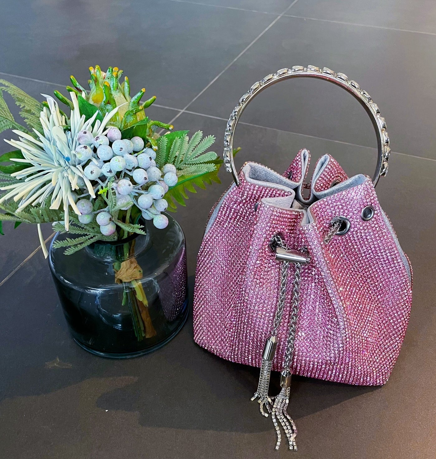 Round Handle Diamond Tassel Bag