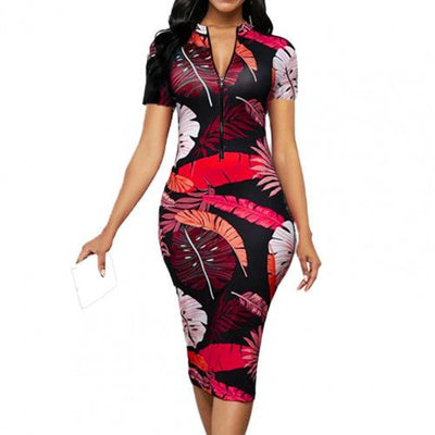 Zip-Up Banana Leaf Print Fitted Dress (up to 3XL)