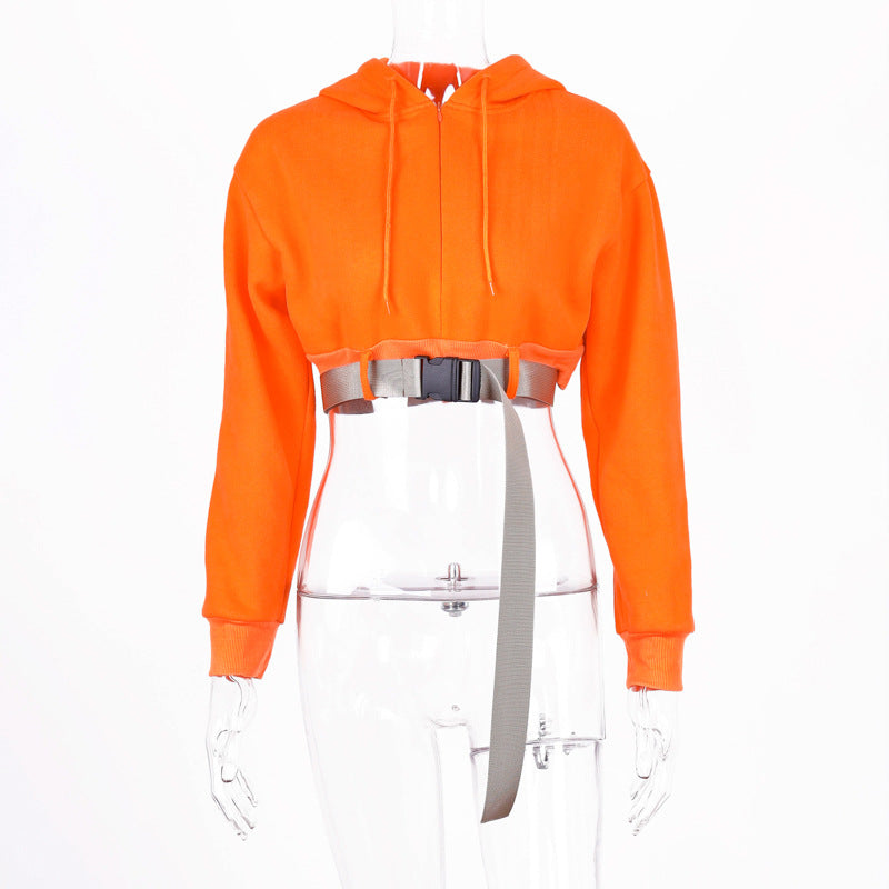 Orange Hooded Crop Top Zip and Latch Drawstring Two Piece Set