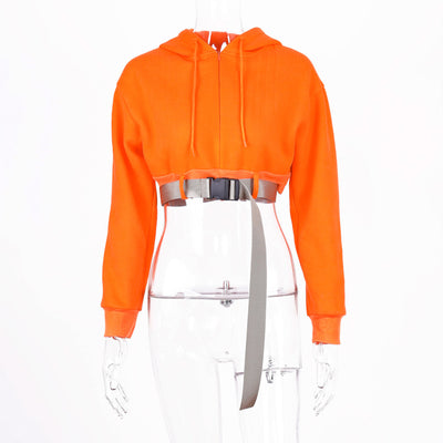Orange Hooded Crop Top Zip and Latch Drawstring Two Piece Set