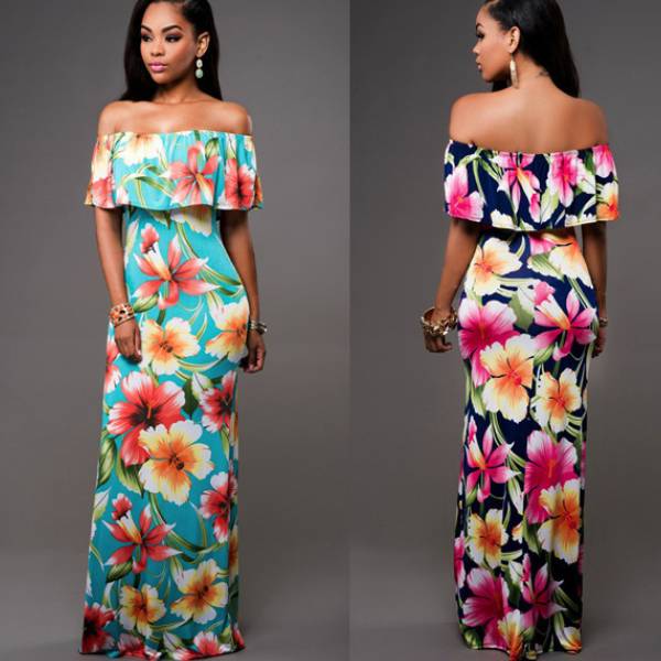 Floral/Tropical Print Off-neck Ruffled Tube Top Dress