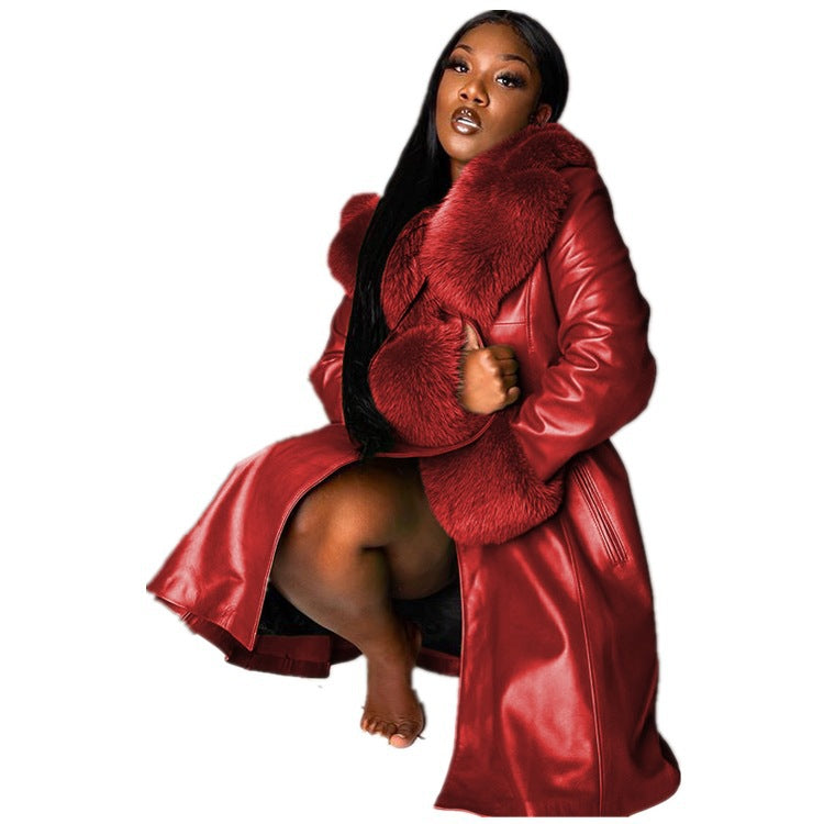 Long Faux Leather & Faux Fur Collar-n-Cuff Coat