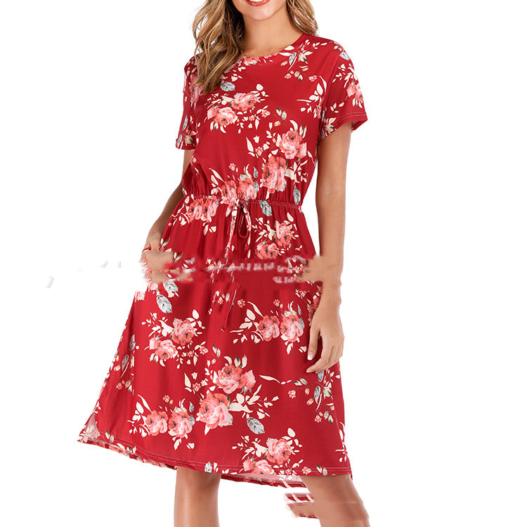 Floral Short-sleeved Knee-length Dress