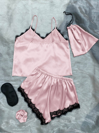 Satin Pajama Set-Lace Trim Cami, Shorts, Eye Mask, Scrunchie, and Bag