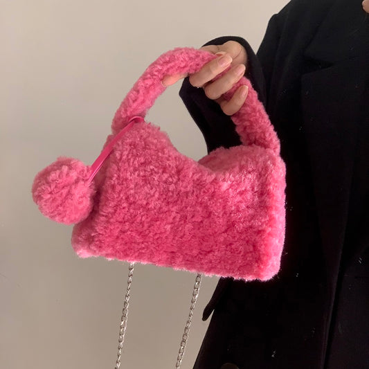 Fluffy Mini Purse w/Pom on Zipper String