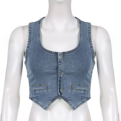 Blue Denim Button Up Tank Top Vest Jacket w/Wrap Strap (Petite)