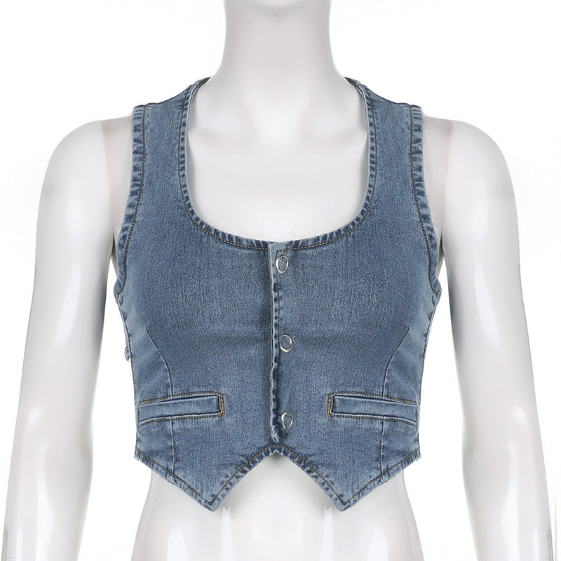 Blue Denim Button Up Tank Top Vest Jacket w/Wrap Strap (Petite)