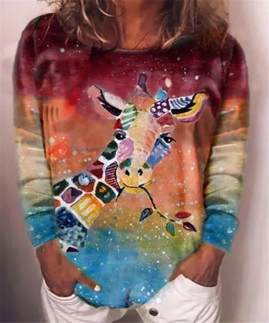 Giraffe Print Long-sleeved Round Neck T-shirt (up to 3XL)