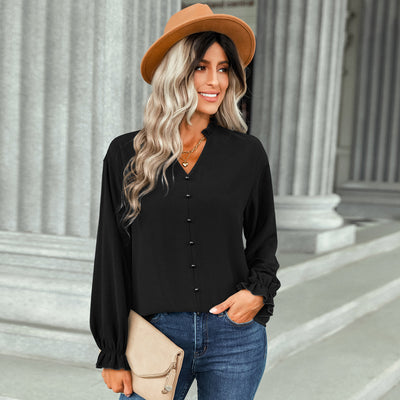 Flared Sleeve V-Neck Button-Down Shirt