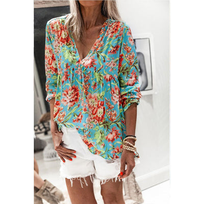 Floral Lantern Sleeve V-Neck Blouse