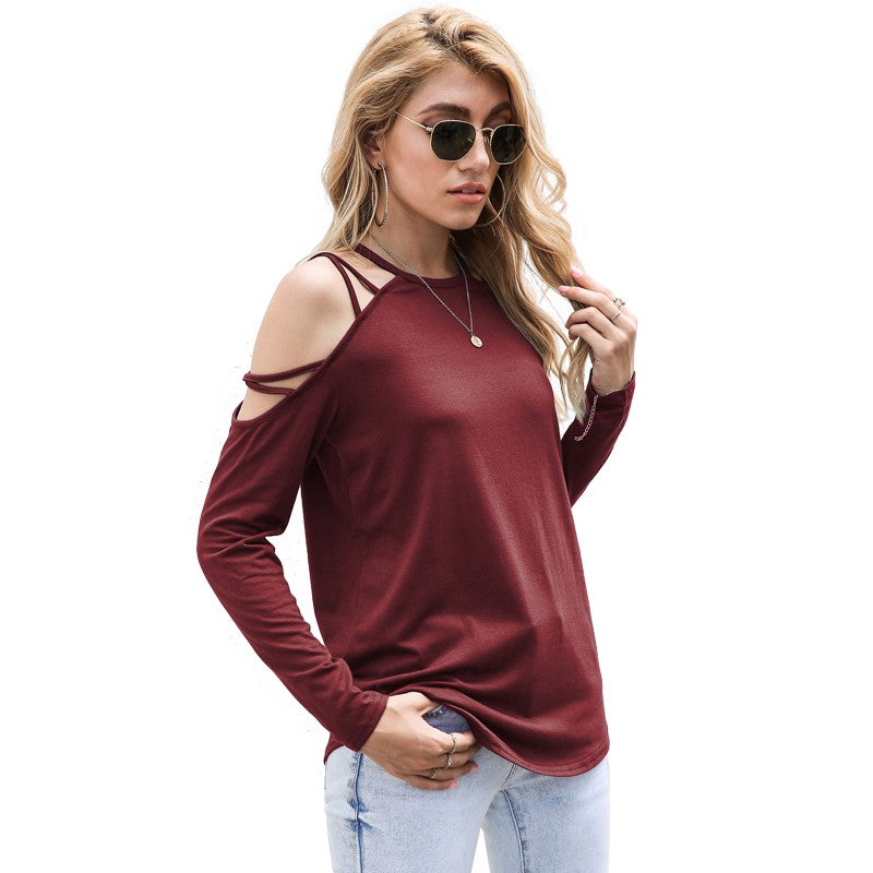 Solid Color Long Sleeve Shoulder Cutout Shirt