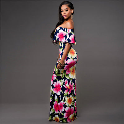 Floral/Tropical Print Off-neck Ruffled Tube Top Dress