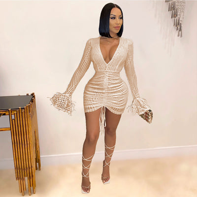 Ostrich Hair Lantern Sleeve A-Line Dress