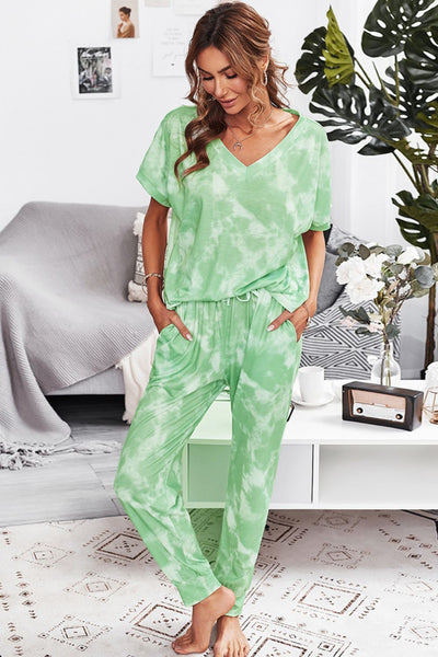 Tie-Dye V-Neck T & Long Pants Two Piece Set