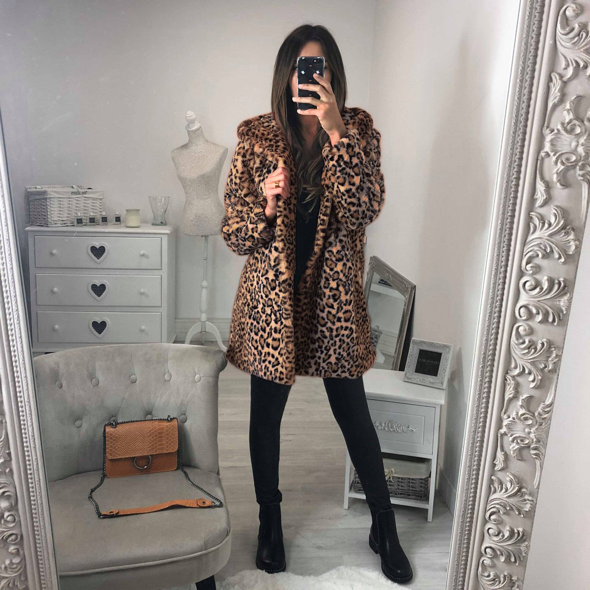 Loose Fitting Mid-Length Hooded Leopard Coat