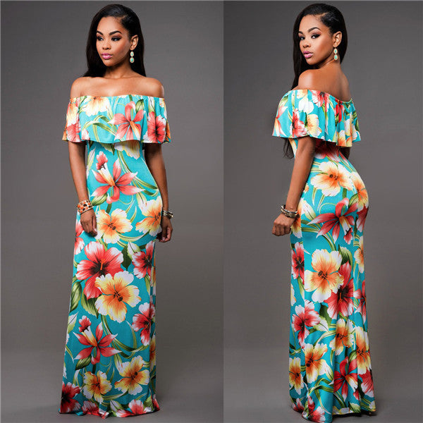 Floral/Tropical Print Off-neck Ruffled Tube Top Dress