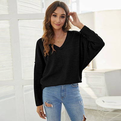 Loose V-neck Stitching Drop Shoulder Padded Sweater