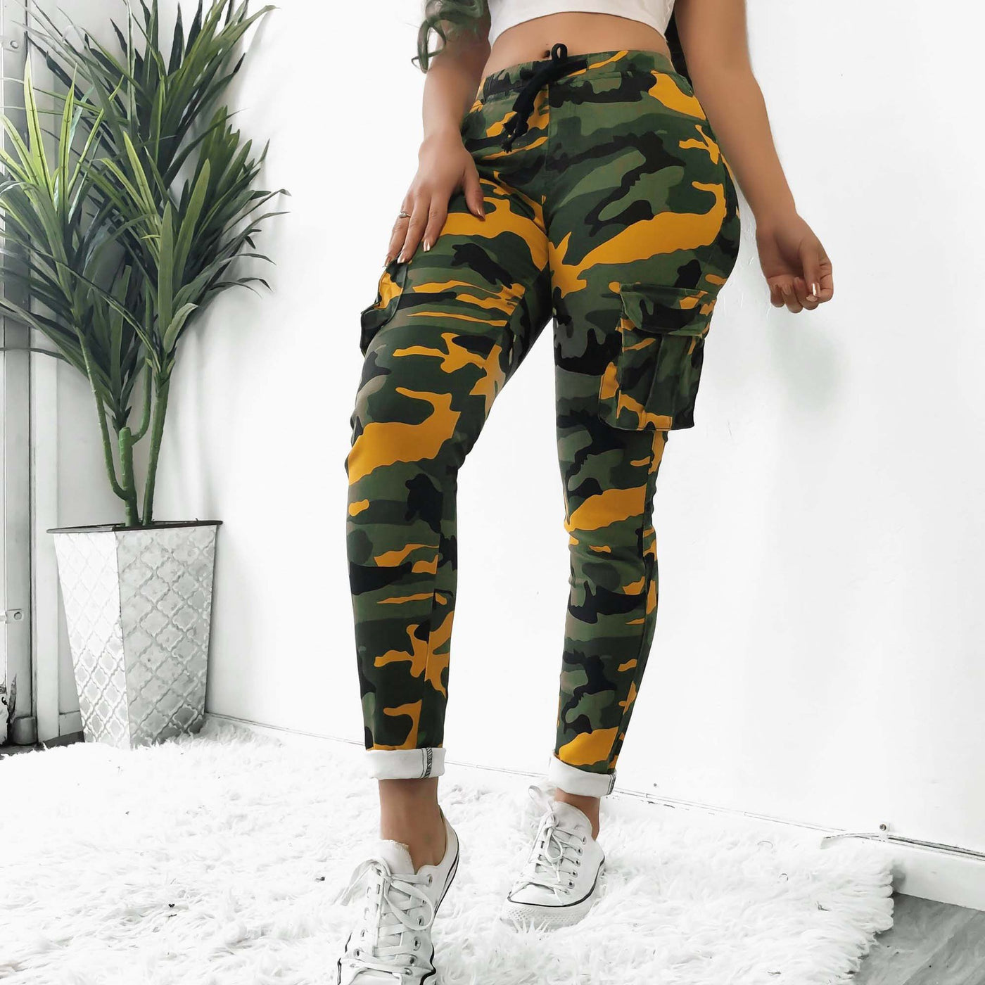 Figure Fitting High Waist Drawstring Camouflage Pants