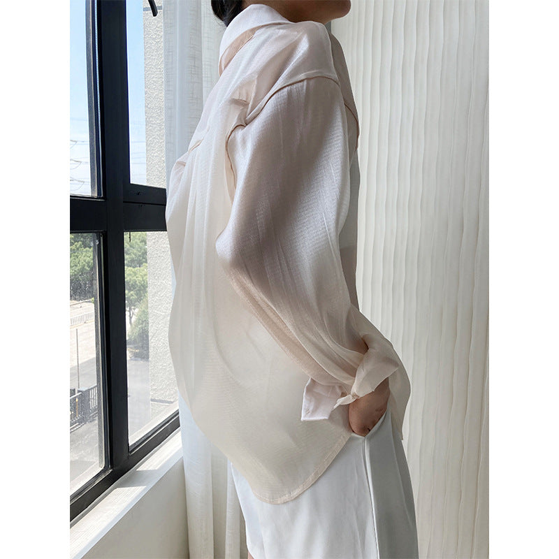 Shiny Long-sleeved See-thru Tencel Shirt